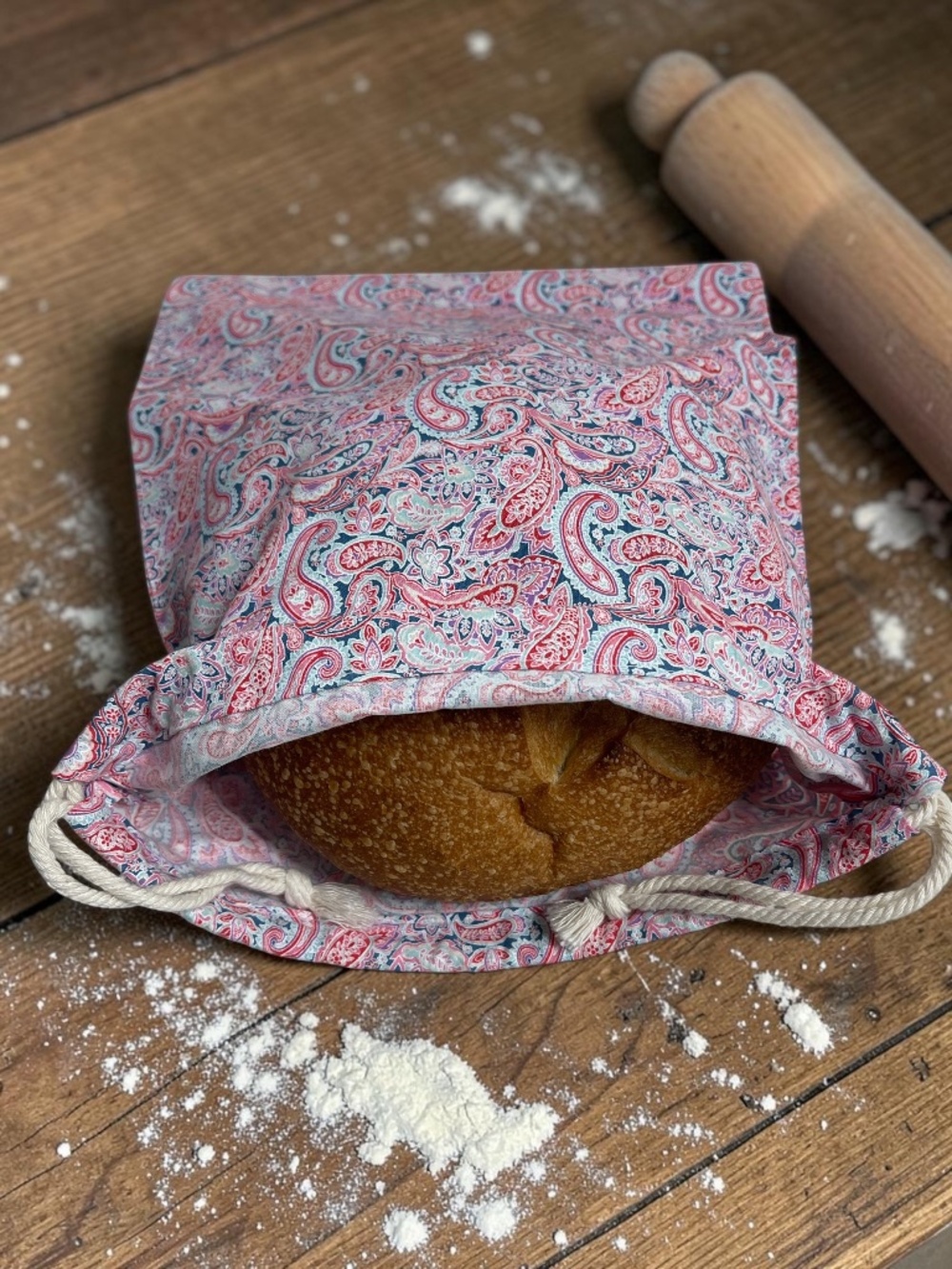Red Paisley Cotton Bread Bag, Reusable Sourdough Bag, Handmade Drawstring Bag